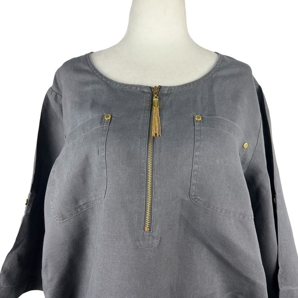 ellen TRACY LINEN SHORT SLEEVED BLOUSE WITH GOLD ACCENT - Picture 5 of 14